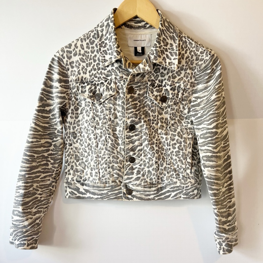 Current/Elliott Leopard Print Denim Jacket in Black and Cream Size 0 Cheetah